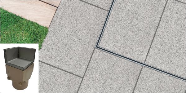 RainDrain Brickslot B 125 stainless steel corner unit installed in paving