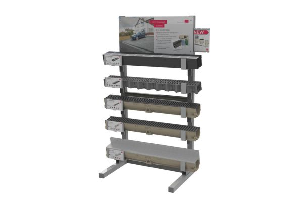 ACO's 5-Tier Stand POS solution to display 5 racks of channel drain