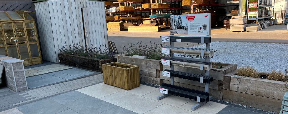 ACO 5 Tier Stand within a landscaping display at a builders merchant
