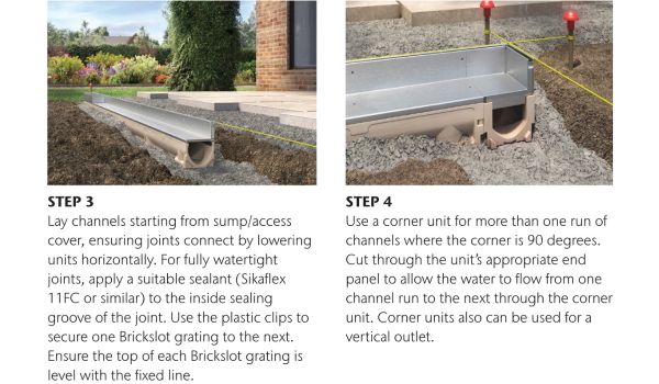 Renders showing step-by-step stages on how to install ACO RainDrain® Brickslot B 125